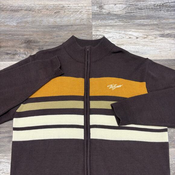 Vintage‎ Y2K Willie Esco Brown Yellow Striped Mens L Hip Hop Zip Up Knit Sweater - Picture 1 of 8